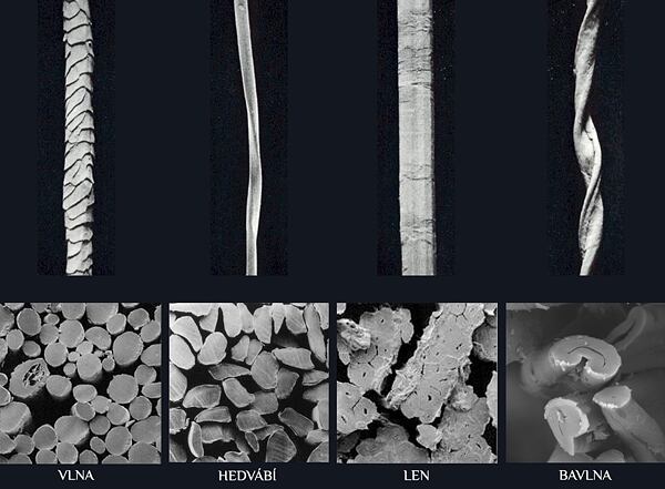 vlákno přírodního hedvábí a ostatních vláken pod mikroskopem