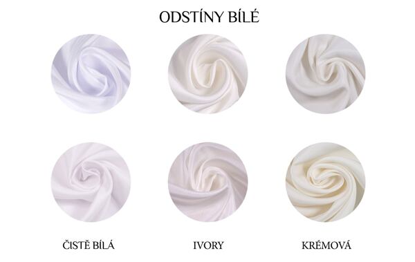 tři základní odstíny bílé látek na svatební šaty