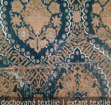 Perski brokat z chi-liniami i arabskimi napisami, mieszanka jedwabiu i lureksu, niebiesko-złoty