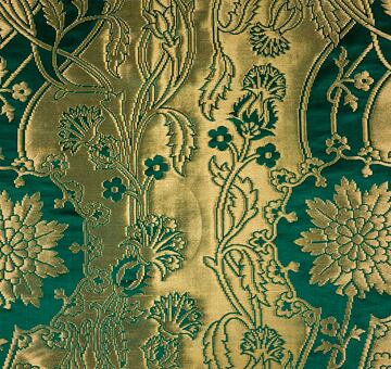 Zlatohlav z Memlingova triptychu, ručně tkané hedvábí se zlatou nití, zelený