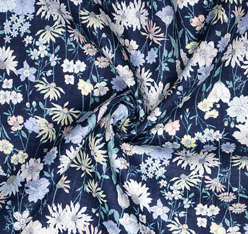 Japońska tkanina KOKKA "Botanical", 100% lnu, ciemnoniebieska