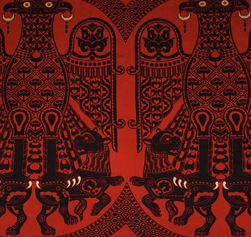 Byzantské hedvábí s dvouhlavým orlem svírajícím lvy, ruční tisk, červené