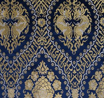 Perský brokát s čchi-liny a arabskými nápisy, směs hedvábí s lurexem, modro-zlatý