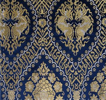 Perski brokat z chi-liniami i arabskimi napisami, mieszanka jedwabiu i lureksu, niebiesko-złoty