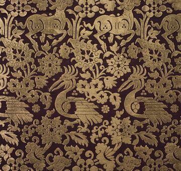 Perský brokát se srnkami a pelikány, hedvábí se zlatou nití, purpurovo-zlatý