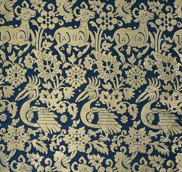 Perský brokát se srnkami a pelikány, hedvábí se zlatou nití, modro-zlatý, 1.8m