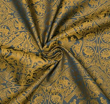 Perski adamaszek z orłami i skrzydlatymi lwami w medalionach, czysty jedwab, kaczkowaty błękit