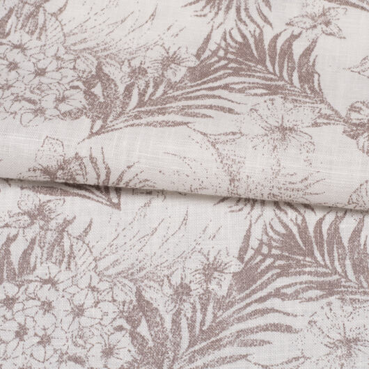 Lněné plátno květinovým a listovým vzorem, lehké, bílá ivory