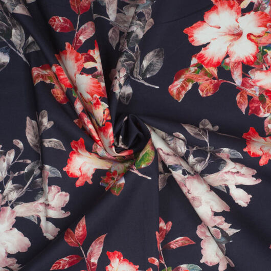 Bavlněný batist s květinovým vzorem, tmavě modrý, 0.5m