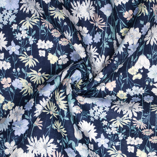 Japońska tkanina BOTANICAL, 100% lnu, ciemnoniebieska