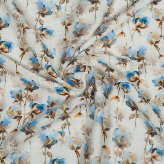 Lehký popelín šatovka, směs viskózy, nylonu a lnu, modrý květinový vzor